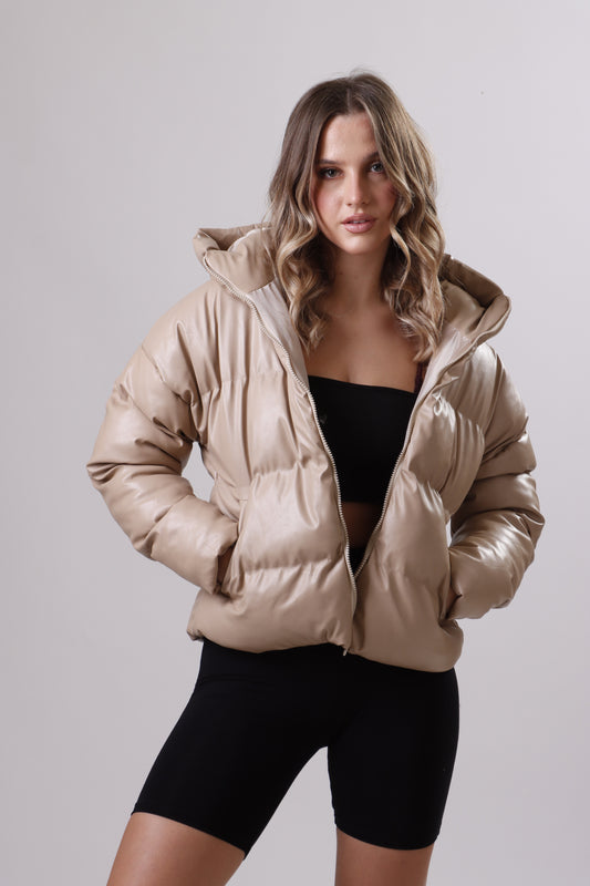 Beige Puffer Leather Jacket