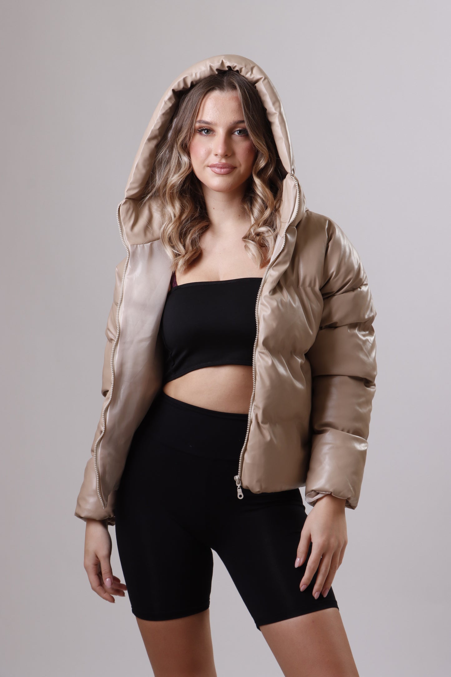 Beige Puffer Leather Jacket