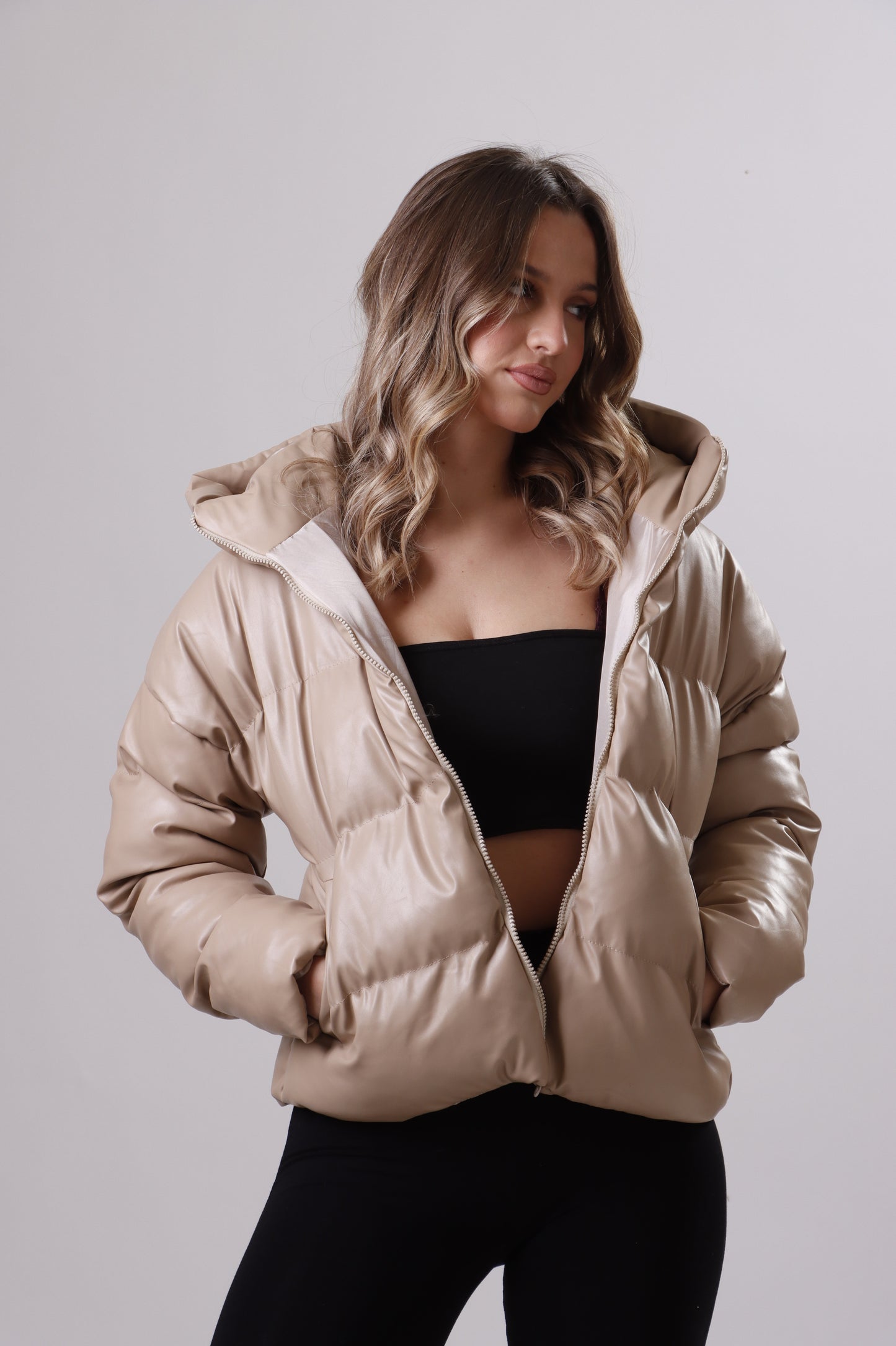 Beige Puffer Leather Jacket